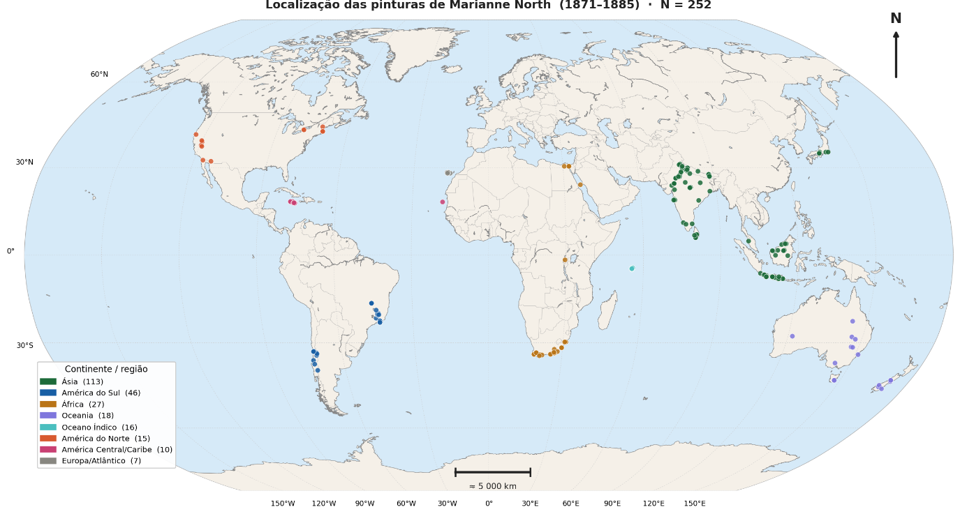 Figura 4 - Mapa de localização das principais obras de Marianne North que retratam elementos da geodiversidade.