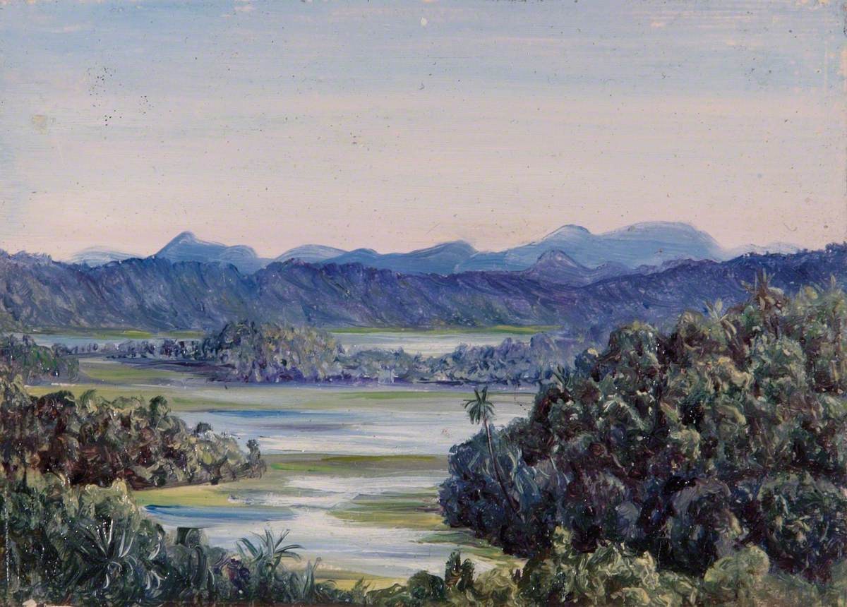 Figura 32 - Warkwallah, Ceylon (Sri Lanka). O par de telas documenta a planície fluvial-lagunar do rio Gin Ganga na região de Galle, a frente de escarpa da borda ocidental do maciço central do Sri Lanka e as cristas irregulares do Complexo Highland pré-cambriano ao fundo, com variação atmosférica entre as duas composições refletindo o microclima úmido da costa sudoeste da ilha.