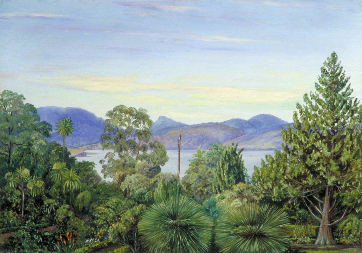 Figura 49 - A tela View from the Botanic Gardens, Hobart Town, Tasmania mostra o perfil tabular do Monte Wellington visto do Jardim Botânico de Hobart, com as escarpas doleríticas em destaque e eucaliptos no primeiro plano. Essa paisagem é a mesma que North via ao navegar pelo Derwent.