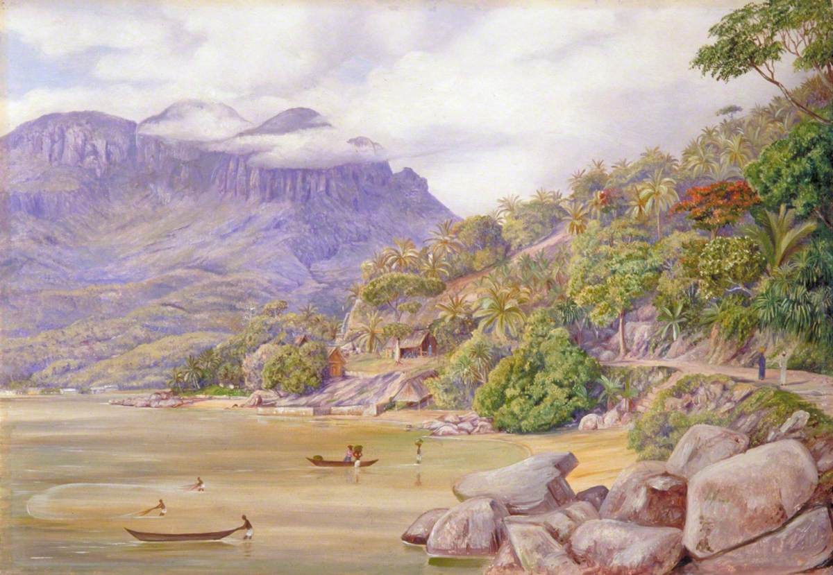 Figura 61 - Seychelles. Vista costeira de Mahé, com encostas graníticas, relevo montanhoso e vegetação tropical.