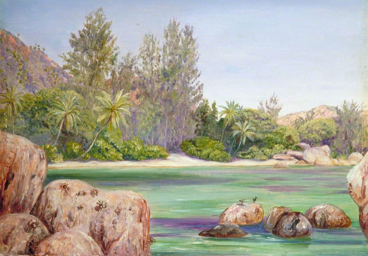 Figura 62 - Seychelles. Enseada costeira com matacões graníticos, praia arenosa e vegetação litorânea